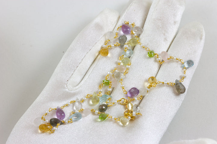 Multiple Gemstone Pearl Necklace Faceted Spaced Link 14k Gold Filled  18 19 Inches Amethyst Peridot Aquamarine Rose Quartz Labradorite Topaz