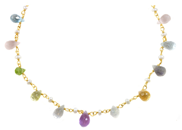 Multiple Gemstone Pearl Necklace Faceted Spaced Link 14k Gold Filled  18 19 Inches Amethyst Peridot Aquamarine Rose Quartz Labradorite Topaz