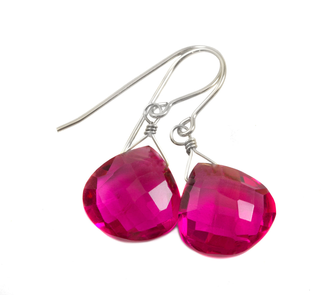 Watermelon Pink Simulated Tourmaline  Earrings Faceted  Large Hearts Dangle 14k Solid Gold or Filled or Sterling Silver Simple Fuchsia Drops