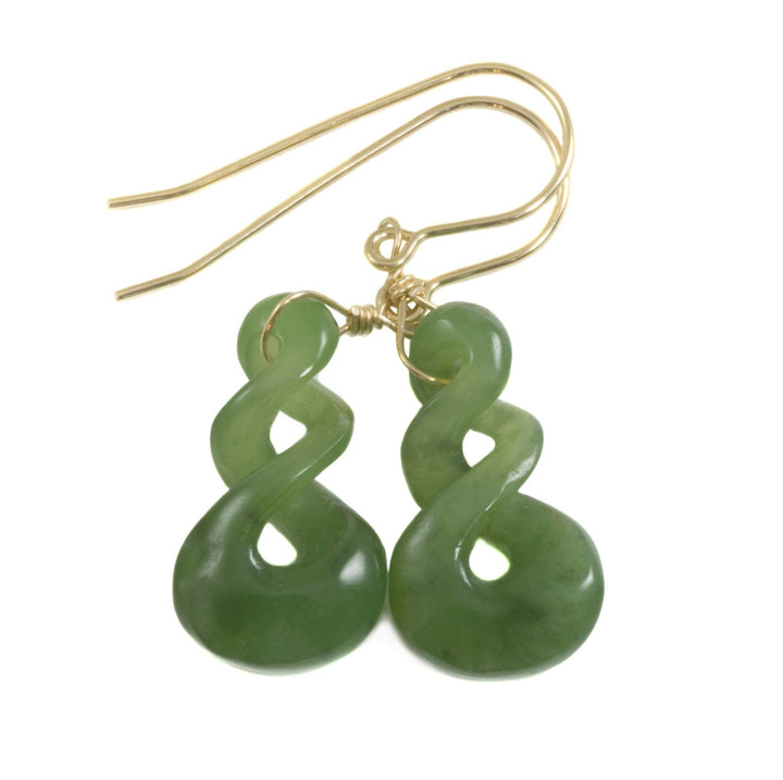 Natural Nephrite Green Jade Earrings Carved Triple Infinity Teardrop 14k solid yellow gold or filled or Sterling Silver unique simple drops
