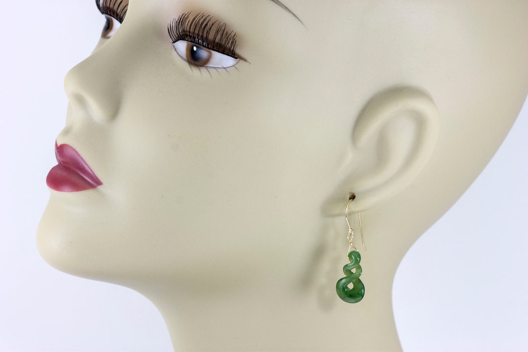 Natural Nephrite Green Jade Earrings Carved Triple Infinity Teardrop 14k solid yellow gold or filled or Sterling Silver unique simple drops