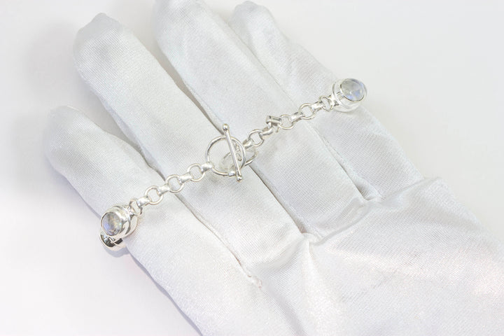 Moonstone Bracelet Bezel Set Toggle Clasp Smooth Rainbow Sterling Silver 7 8 Inches Natural Rainbow Blue Flash Smooth Adjustable