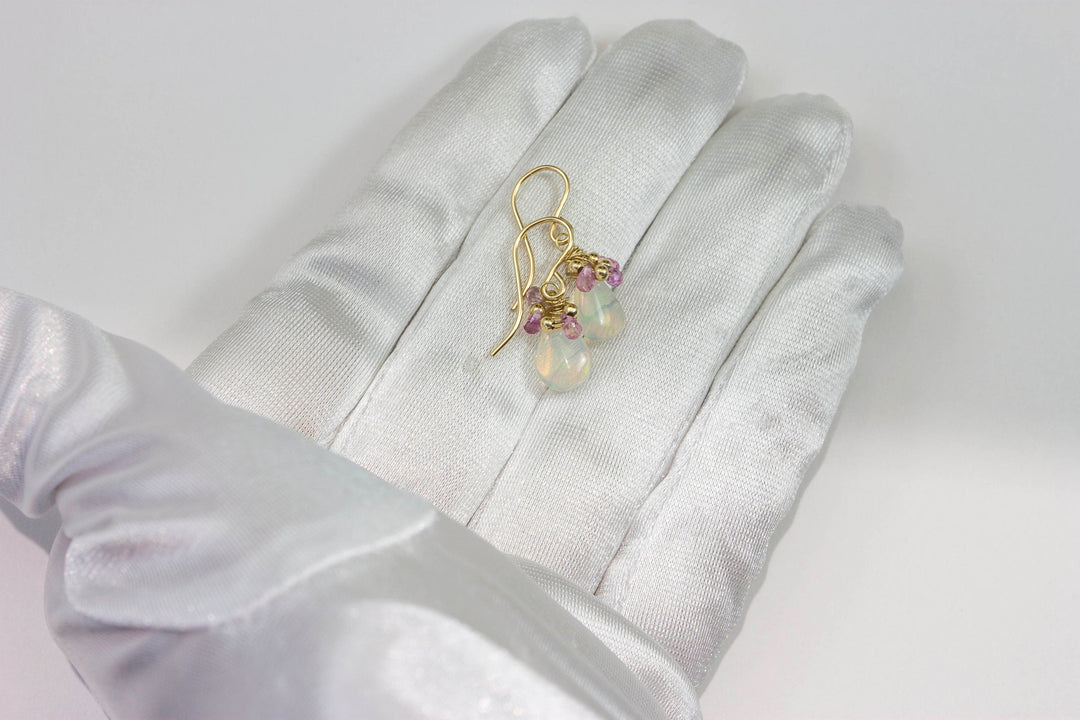 Welo Opal Earrings Smooth Shaped Teardrops Pink Sapphire Briolettes 14k Solid Gold or Filled Natural Earthy Wrap Dangles Spyglass Designs