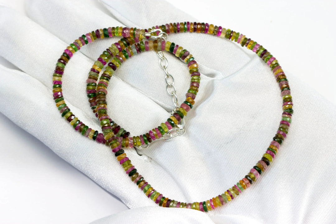 Multi Colored Tourmaline Necklace Natural Earthy Solid Strand 4.5mm Sterling Silver 14k Gold Filled Micro Faceted 20 Inch Simple pink green - Spyglass Designs