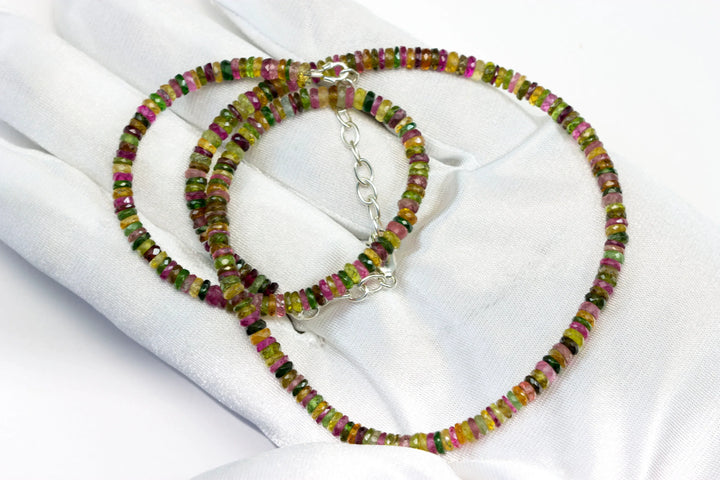 Multi Colored Tourmaline Necklace Natural Earthy Solid Strand 4.5mm Sterling Silver 14k Gold Filled Micro Faceted 20 Inch Simple pink green - Spyglass Designs
