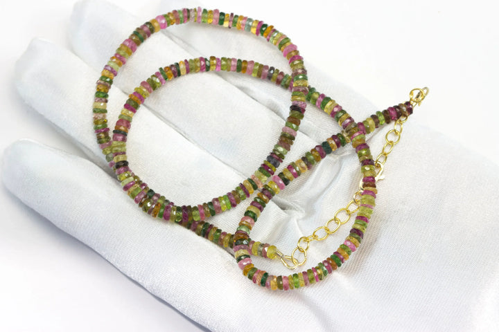 Multi Colored Tourmaline Necklace Natural Earthy Solid Strand 4.5mm Sterling Silver 14k Gold Filled Micro Faceted 20 Inch Simple pink green - Spyglass Designs