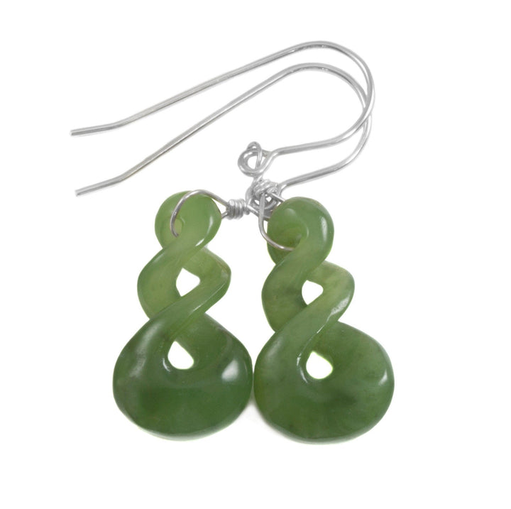Natural Nephrite Green Jade Earrings Carved Triple Infinity Teardrop 14k solid yellow gold or filled or Sterling Silver unique simple drops