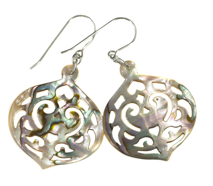 Abalone Paua Shell Teardrop Earrings Natural Peacock Colors Carved Sterling Silver  Silvery Pink and Blue Colors Spyglass Designs