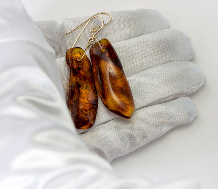 Natural Amber Earrings Sterling Silver or 14k Solid Gold or Filled Honey Smooth Long Puffed Nuggets Dangles Lightweight Rich Yellow Spyglass