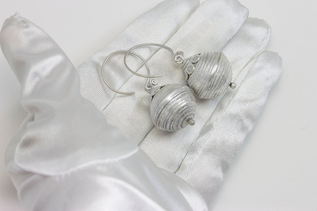 Fine Silver Large Ball Drop Earrings Handmade Hill Tribe Earthy Swirl design Hoop Earwires Sterling Silver Spyglass Designs