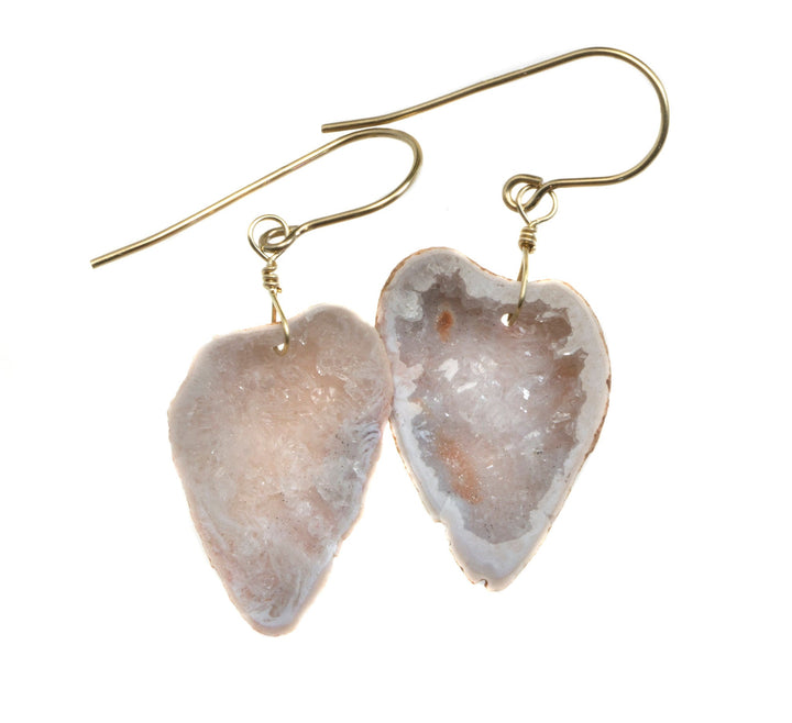 Baby Geode Earrings Tabasco White  and Peach Druzy Heart 14k Gold Filled or 14k Solid Gold  Drusy AAA Natural Fine Small Drusy Geodes Drops