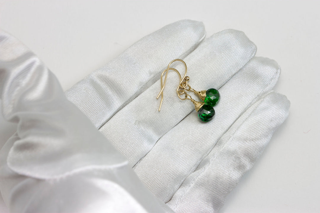 Green Cubic Zirconia Earrings Faceted Teardrop AAA CZ  14k Gold Filled Deep Emerald Green Wire Wrapped  Small Dainty Spyglass Designs