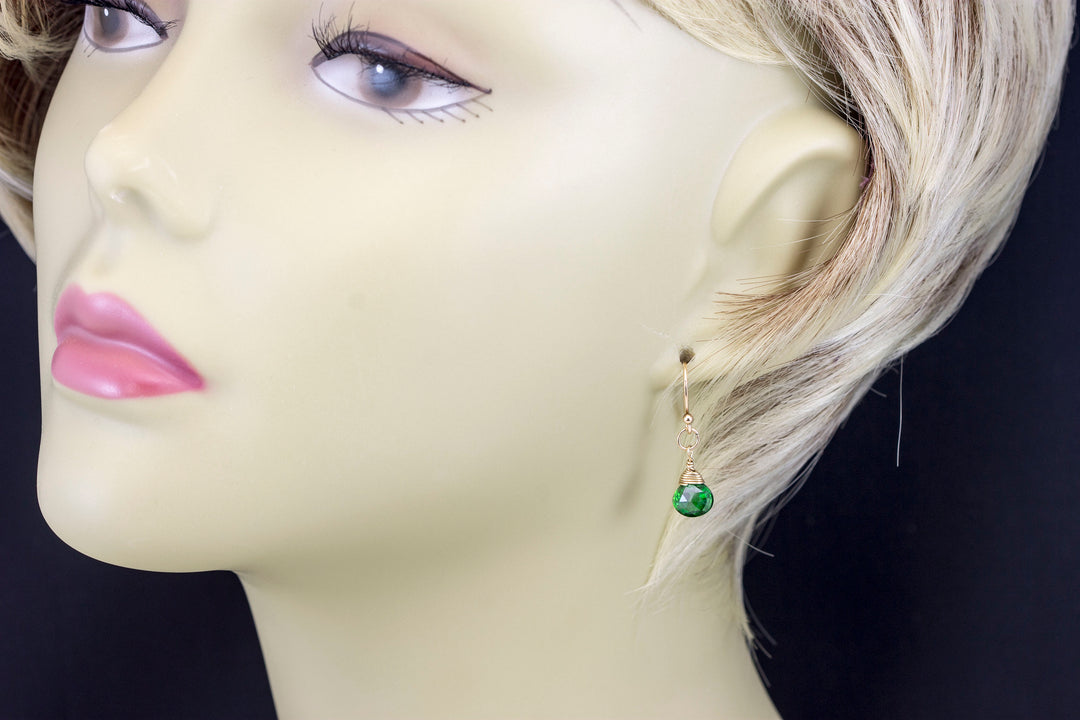 Green Cubic Zirconia Earrings Faceted Teardrop AAA CZ  14k Gold Filled Deep Emerald Green Wire Wrapped  Small Dainty Spyglass Designs