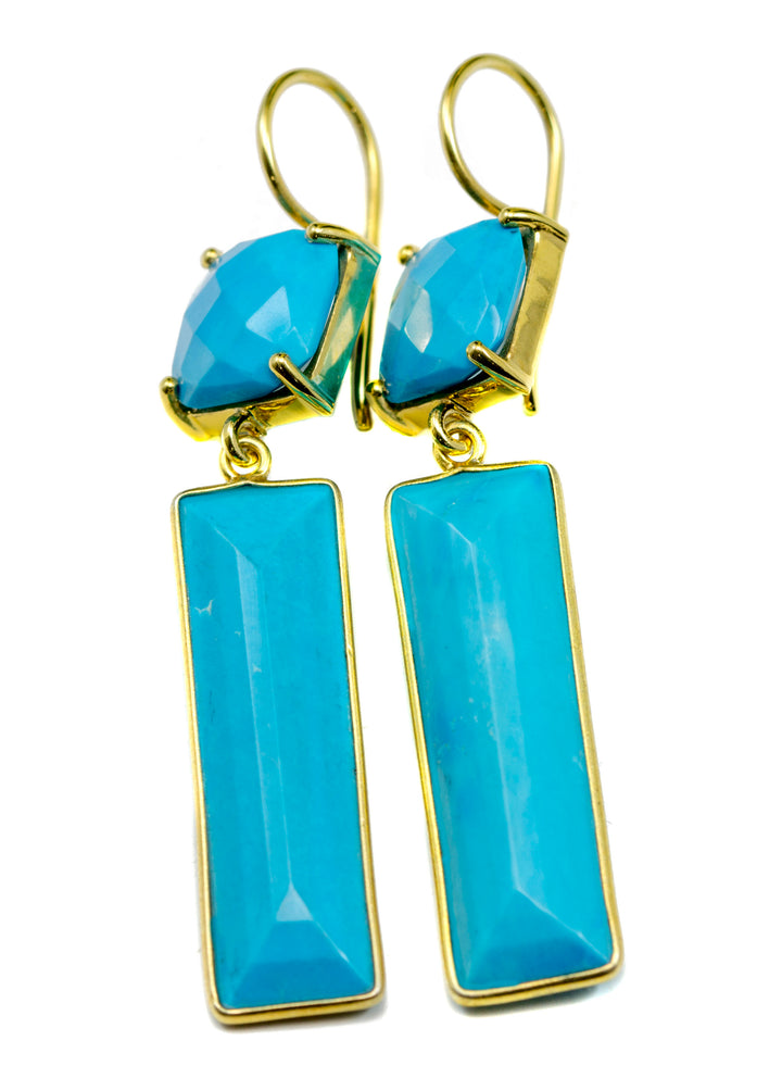Turquoise Earrings  Blue Teardrops Faceted Dangle Drops Double Hung Bezel Setting 14k Solid Yellow Gold or 14k Gold Filled Simple Drops 2 "