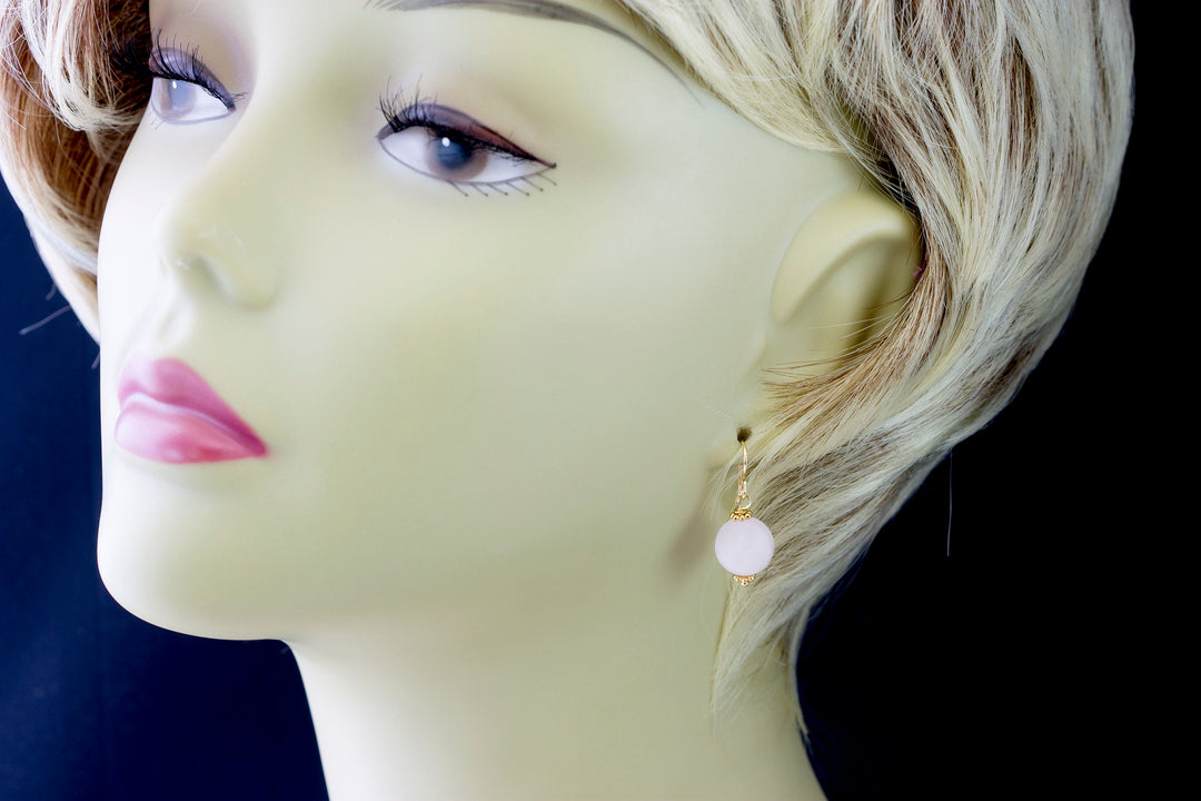 Rose Quartz Earrings Pink Dainty Smooth Round Dangle Sterling Silver or 14k solid Gold or Filled Classic Faceted Simple Everyday Accents