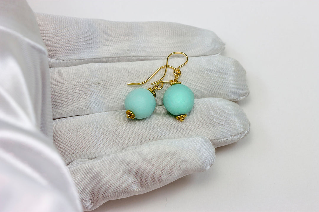 Amazonite Earrings Light Blue Smooth Round Sterling Silver or 14k Solid Gold or Filled Natural Accents Simple Casual Wear Spyglass Designs