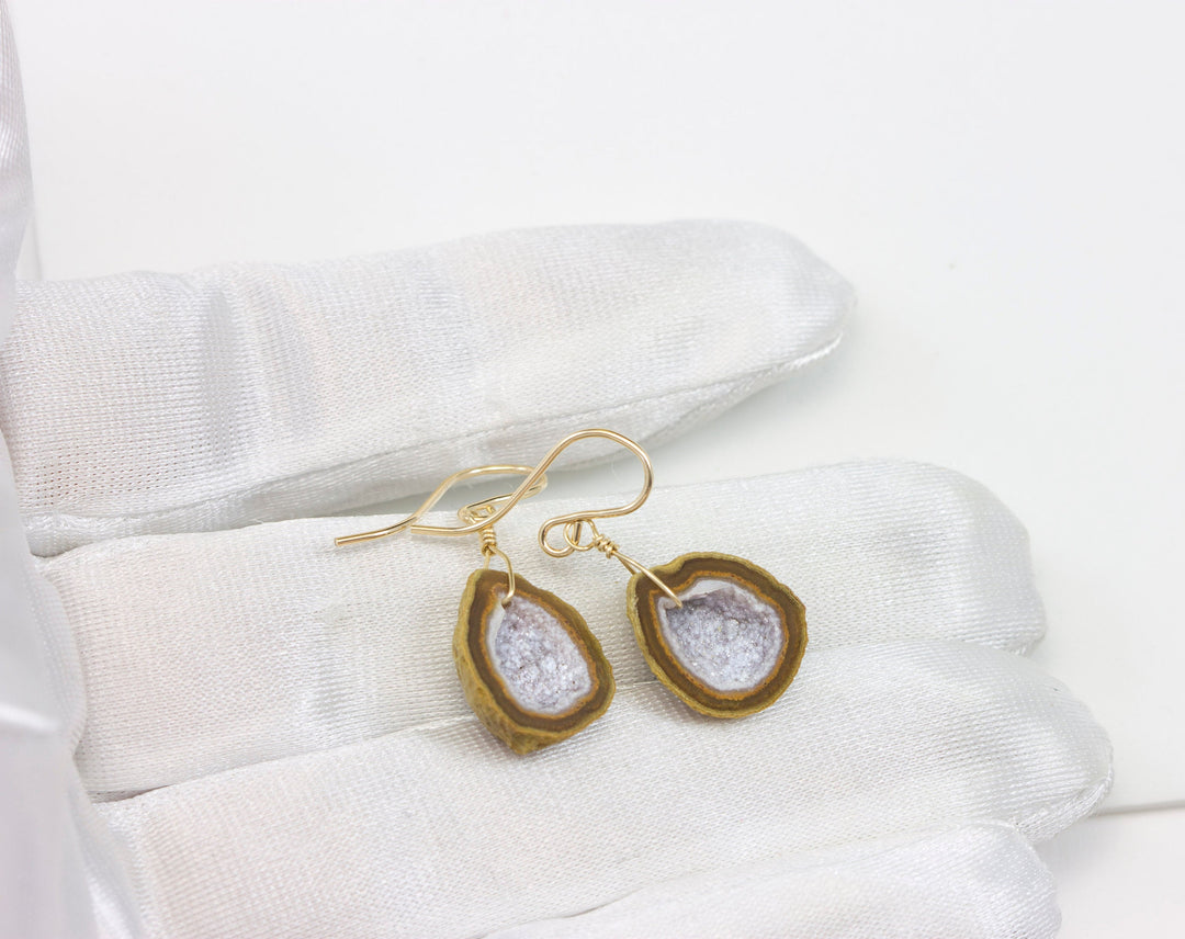 Baby Small Geode Earrings Tabasco Peach Druzy Oval 14k Gold Filled Polished TinyTeardrop Drusy Paired AAA Natural Peachy Pink Druse Quartz