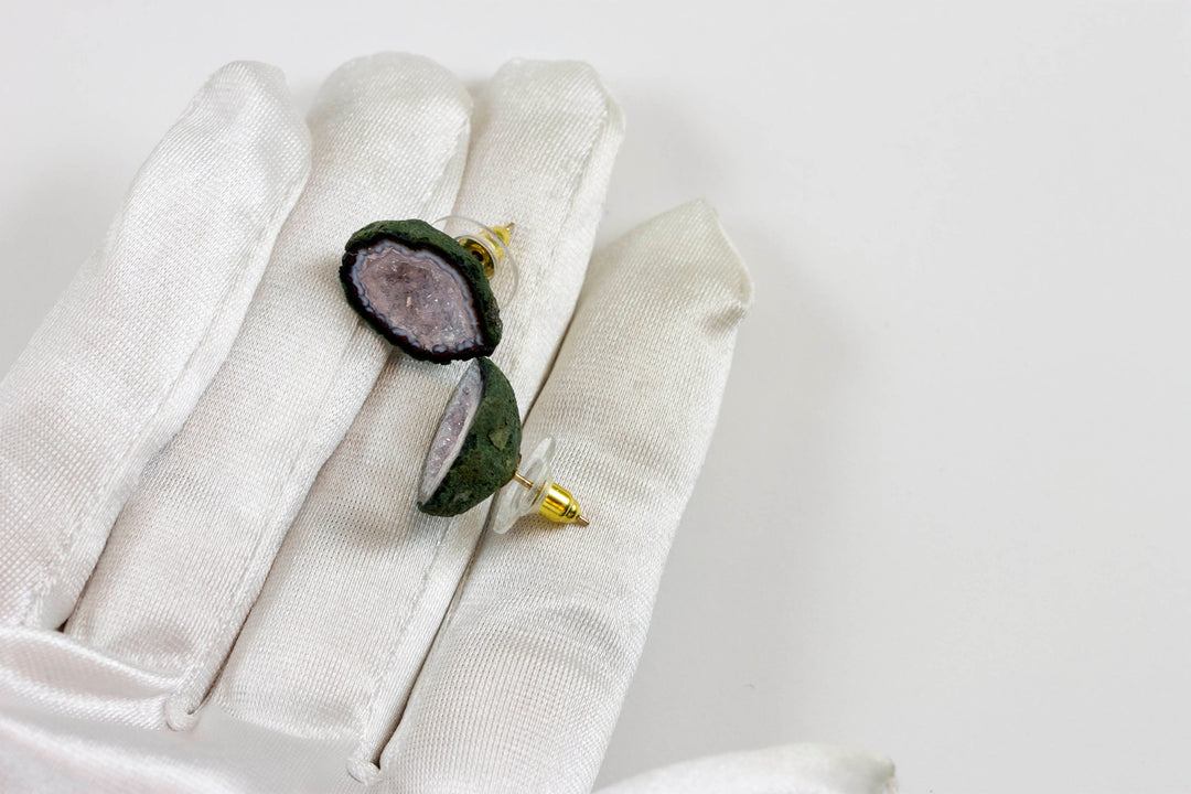 Baby Geode Earrings Tabasco Rare Pink Druzy Post Studs 14k Gold Filled Small Natural Drusy Quartz Halved Geodes Paired AAA