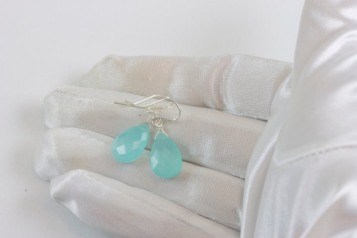 Aqua Blue Chalcedony Earrings 14k Solid Gold or Filled or Sterling Silver Teardrop Pear Faceted Soft Pale Blue Natural Dainty Everyday Drops
