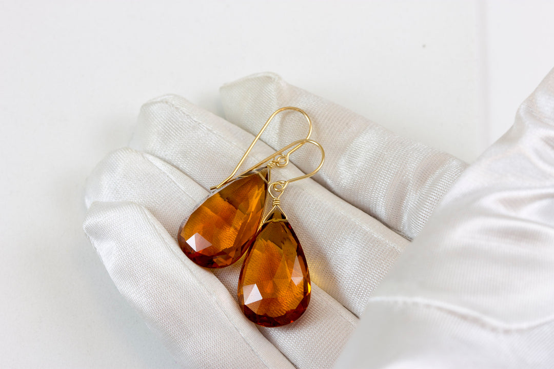 Citrine Earrings Dark Yellow Simulated Large Faceted Briolette Teardrops Drops 14k solid gold or filled or Sterling Silver Pear Shaped