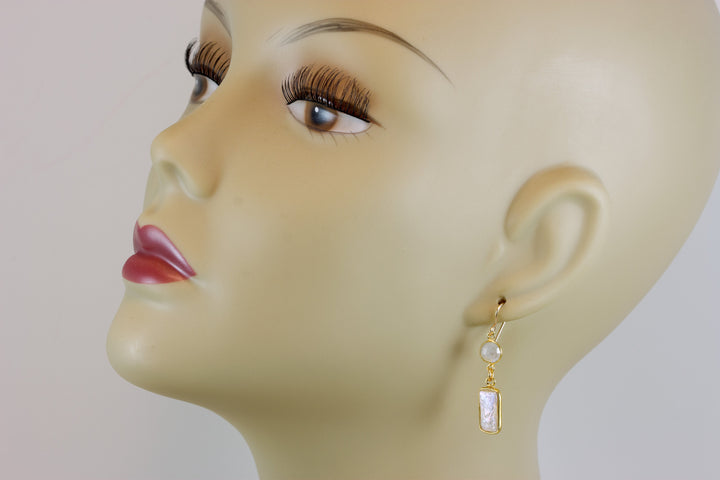 Pearl Earrings 14k solid yellow gold or filled Rectangular Bezel Blue Rainbow moonstone Double Hung Freshwater Pearls Rectangle bezel dainty