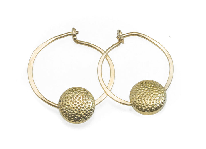 14k Gold Filled Round Hoop hammered button Earrings Brushed Gold Bright Yellow gold contemporary design handmade loop Spyglass Designs