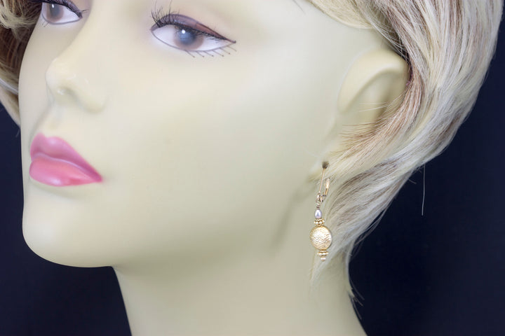 14k Gold Filled  hammered button Earrings Brushed Gold Bright Yellow vemeil Tiny Pearls contemporary Leverback handmade Spyglass Designs