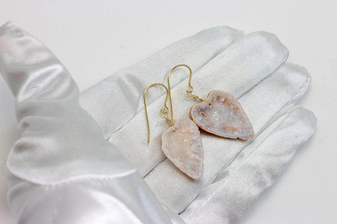 Baby Geode Earrings Tabasco White  and Peach Druzy Heart 14k Gold Filled or 14k Solid Gold  Drusy AAA Natural Fine Small Drusy Geodes Drops