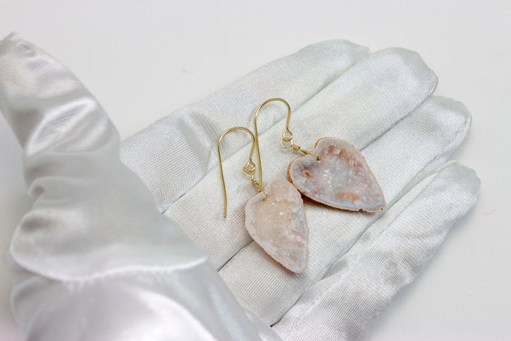 Baby Geode Earrings Tabasco White  and Peach Druzy Heart 14k Gold Filled or 14k Solid Gold  Drusy AAA Natural Fine Small Drusy Geodes Drops