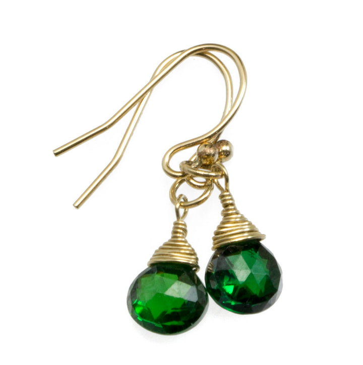 Green Cubic Zirconia Earrings Faceted Teardrop AAA CZ  14k Gold Filled Deep Emerald Green Wire Wrapped  Small Dainty Spyglass Designs
