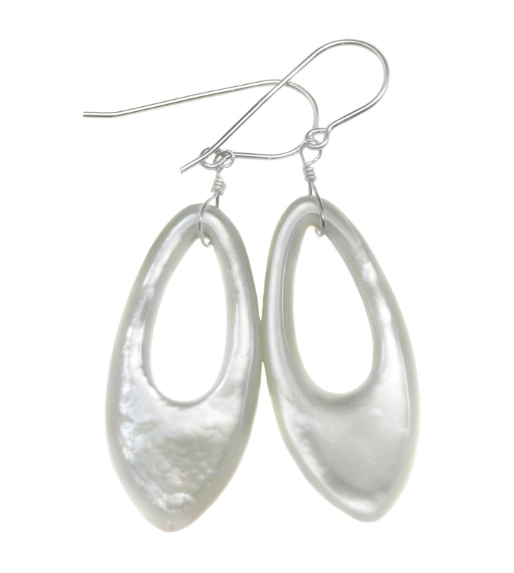 Mother of Pearl Earrings White Shell Long Oval Shape Teardrop Natural 14k Solid Gold or Filled or Sterling Silver Large Luster MOP Drops 2 "