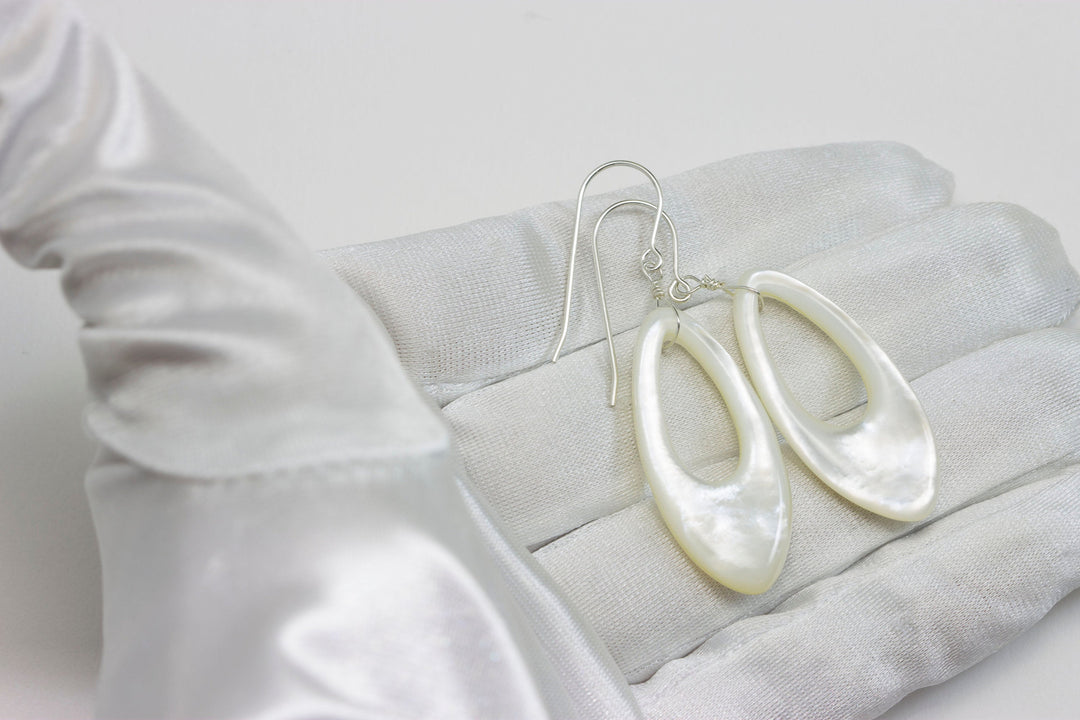 Mother of Pearl Earrings White Shell Long Oval Shape Teardrop Natural 14k Solid Gold or Filled or Sterling Silver Large Luster MOP Drops 2 "