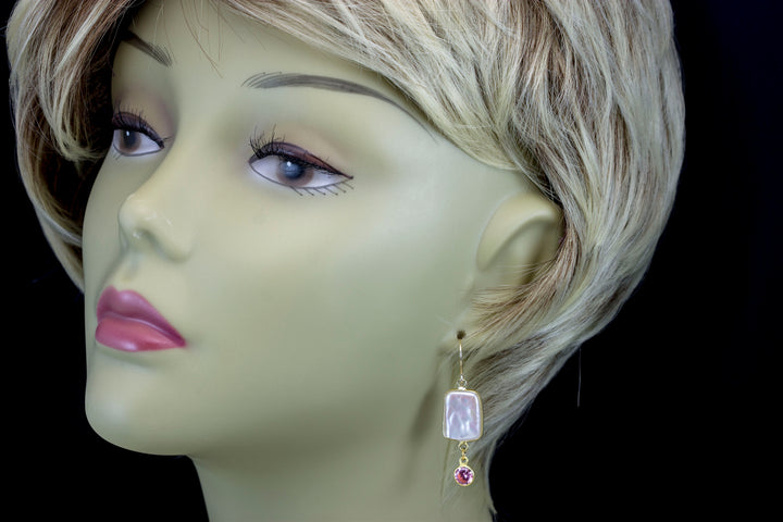 Pearl Earrings 14k solid yellow gold or filled Rectangular Bezel Blue Pink Sapphire CZ Double Hung Freshwater Pearls Rectangle 1.7 Inch