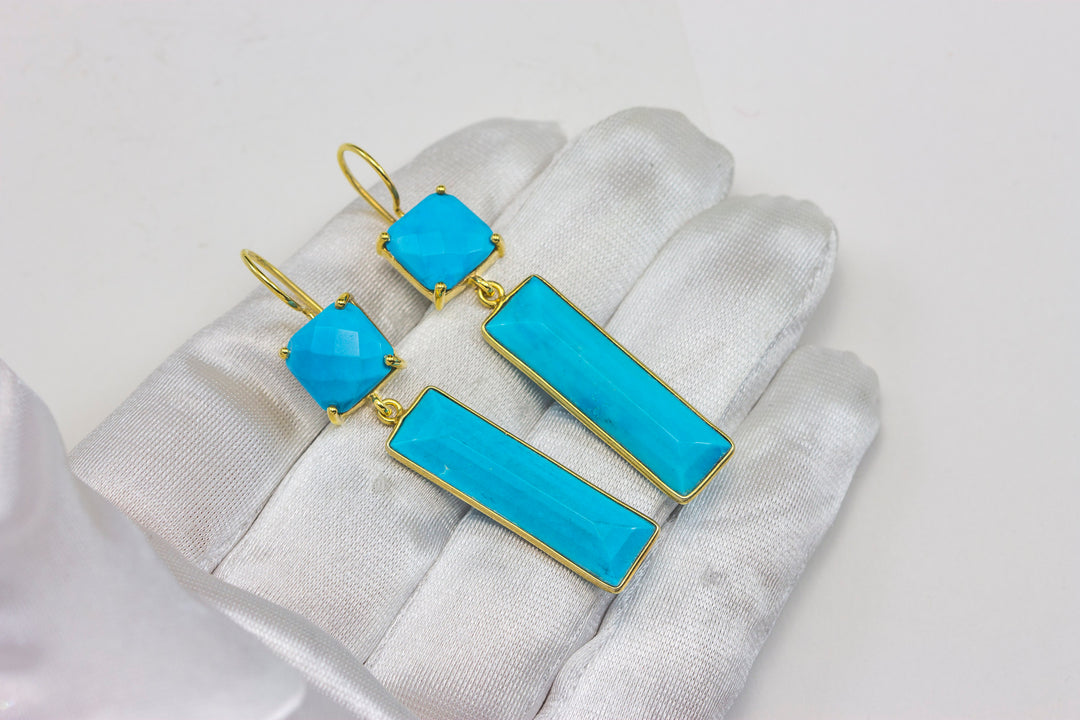 Turquoise Earrings  Blue Teardrops Faceted Dangle Drops Double Hung Bezel Setting 14k Solid Yellow Gold or 14k Gold Filled Simple Drops 2 "