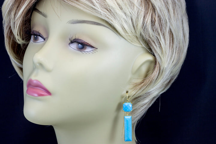 Turquoise Earrings  Blue Teardrops Faceted Dangle Drops Double Hung Bezel Setting 14k Solid Yellow Gold or 14k Gold Filled Simple Drops 2 "