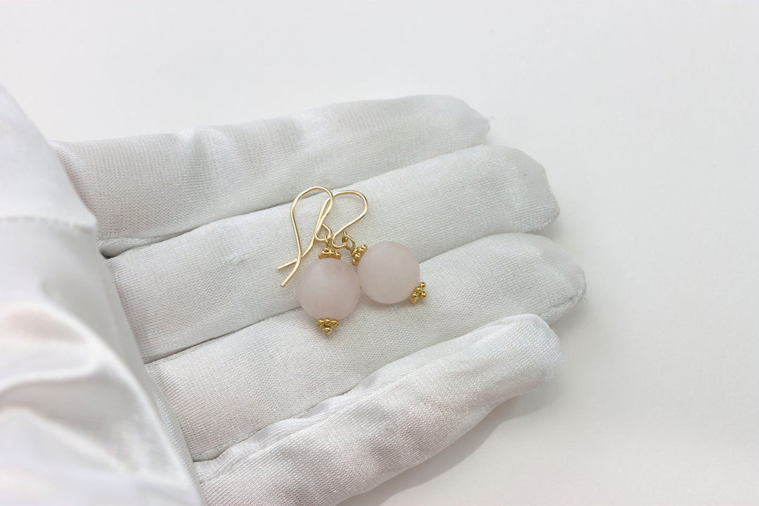 Rose Quartz Earrings Pink Dainty Smooth Round Dangle Sterling Silver or 14k solid Gold or Filled Classic Faceted Simple Everyday Accents