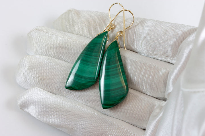 Malachite Earrings Green Large smooth Natural Rounded Curved Triangle Drops 14k Solid Yellow Gold or Filled simple 2 In Teardrops  Classic
