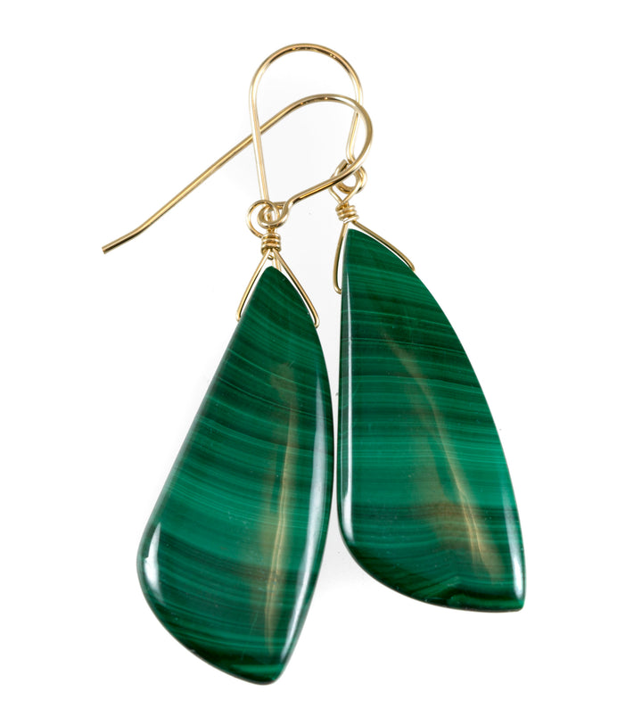 Malachite Earrings Green Large smooth Natural Rounded Curved Triangle Drops 14k Solid Yellow Gold or Filled simple 2 In Teardrops  Classic