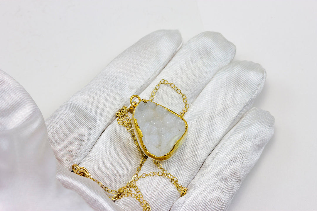 Drusy Necklace and Pendant Large Very White Druzy 14k Gold Chain 16"  Super Sparkle Spyglass Designs