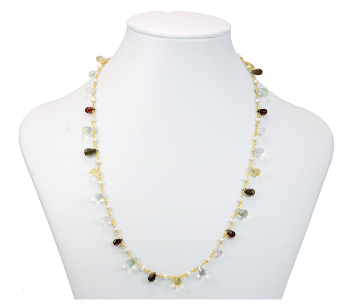 Multiple Gemstone Necklace Faceted Chain Link Briolettes 14k Gold Filled 24 Inch natural stone garnet lemon quartz green amethyst pearl