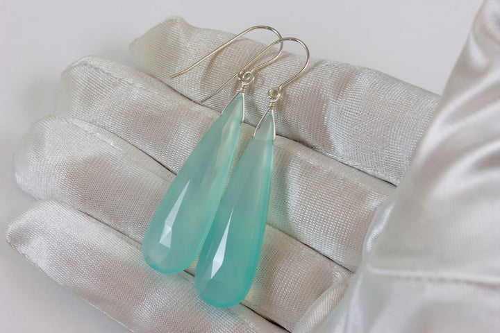 Blue Chalcedony Earrings Faceted Teardrop AAA Briolettes Sterling Silver 14k Solid Gold or 14k Gold Filled Large Long Soft Aqua Drops 2 Inch