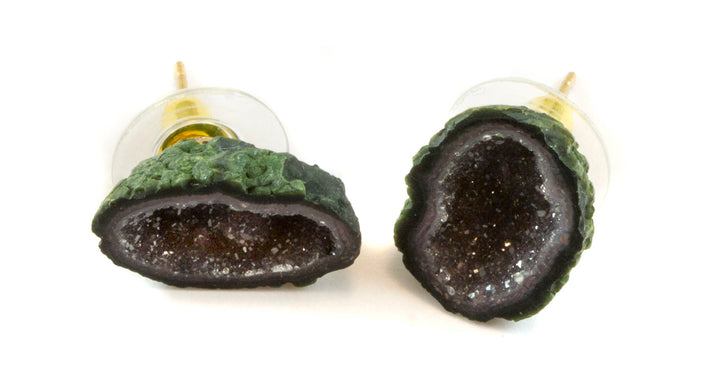Baby Geode Earrings Tabasco Black Grey Gray Druzy Post Studs 14k Gold Filled Small Natural Drusy Quartz Halved Geodes Paired AAA