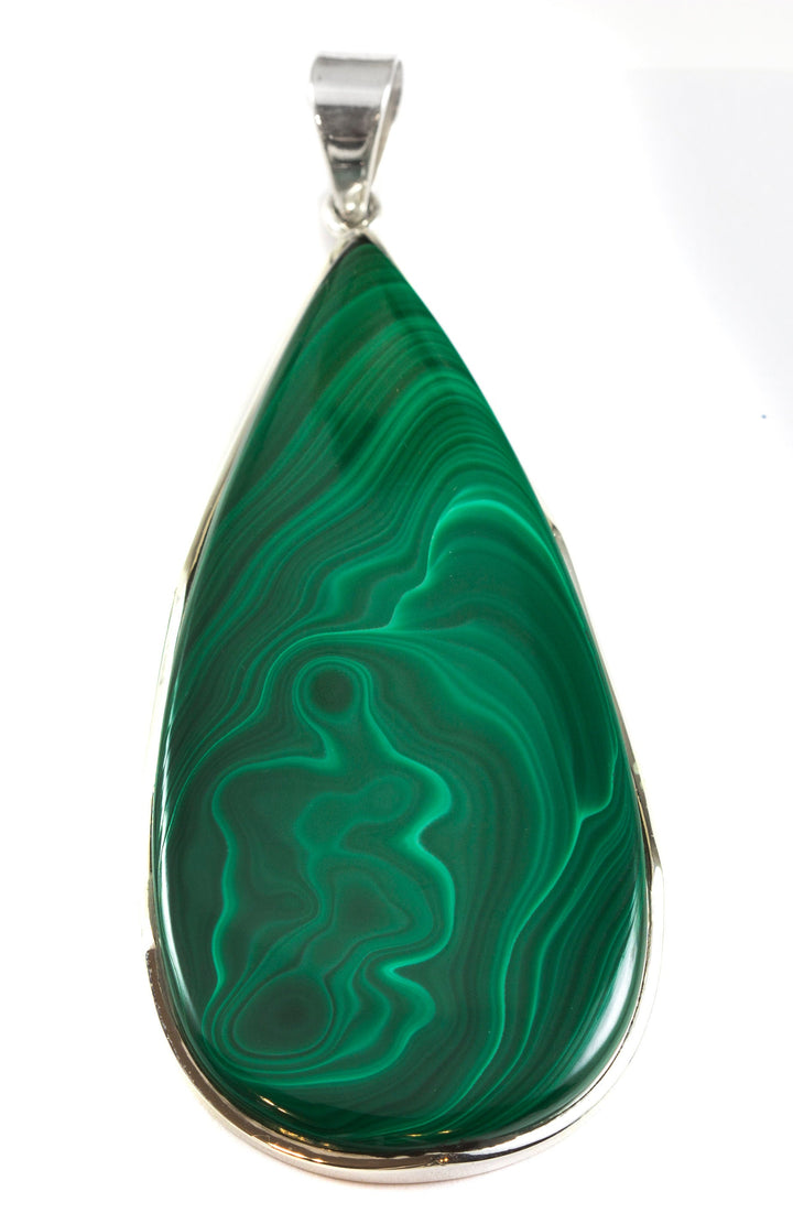 Malachite Pendant Sterling Silver Green Extra Large Long Teardrop Necklace Pendant Real Natural Smooth Striped Large Cabochon Simple Classic