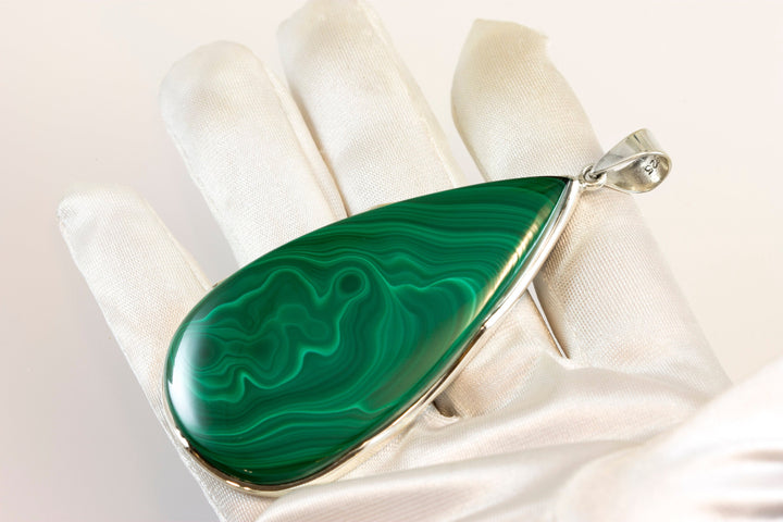 Malachite Pendant Sterling Silver Green Extra Large Long Teardrop Necklace Pendant Real Natural Smooth Striped Large Cabochon Simple Classic
