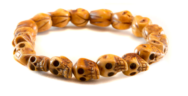 Skull Bracelet Carved Bone White Cream Or Brown  Bone Skulls 8 Inch Women Man Men's Bracelet Stretchy Tibetan Prayer Beads