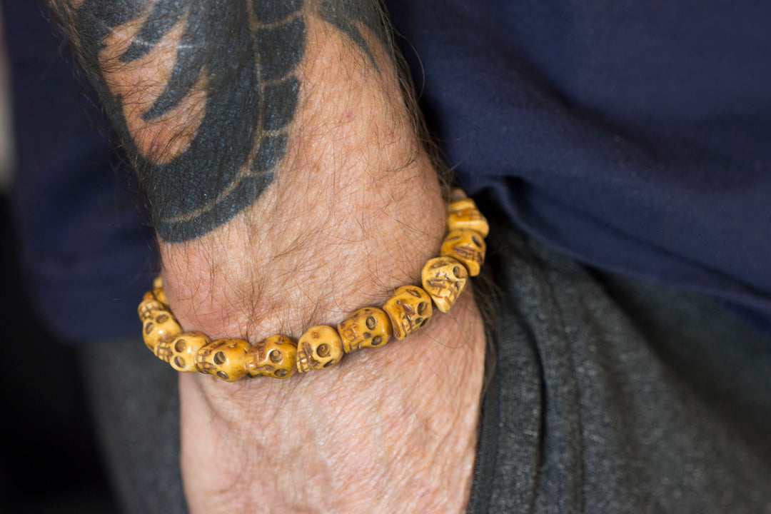 Skull Bracelet Carved Bone White Cream Or Brown  Bone Skulls 8 Inch Women Man Men's Bracelet Stretchy Tibetan Prayer Beads