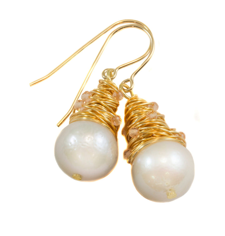 Large Round White Pearls Messy Wire Wrapped Plain or Seed Pearls or Gemstones Contemporary Dangle Drops 14k Solid Gold or Gold Filled