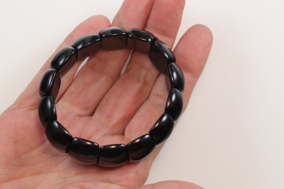 Obsidian Bracelet Large Chunky Bangle Style Stretchy Rectangular shaped Stones 6.5 7 Inches Adjustable natural Polished Large