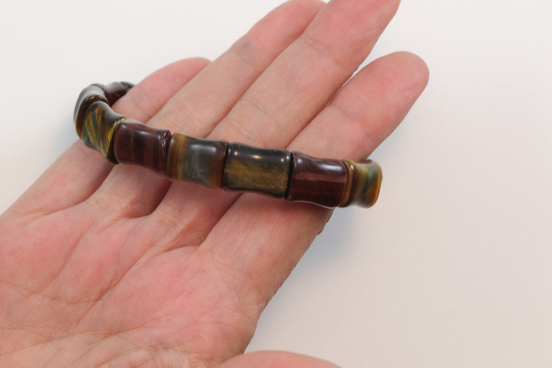 Tiger's Eye Bracelet Curved Natural Bangle Style Stretchy Rectangular shaped Stones 6 7 7.5 Inches Adjustable Blue Red Polished Spyglass