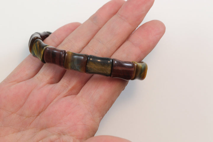 Tiger's Eye Bracelet Curved Natural Bangle Style Stretchy Rectangular shaped Stones 6 7 7.5 Inches Adjustable Blue Red Polished Spyglass